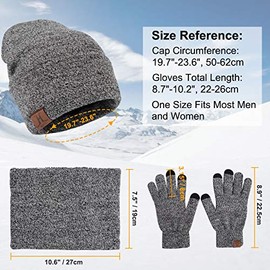 Petrunup Winter Men's Hat Scarf Gloves Set, 3Pcs Warm Beanie Snood and Knitted Touchscreen Gloves with Thermal Fleece Lined, Grey