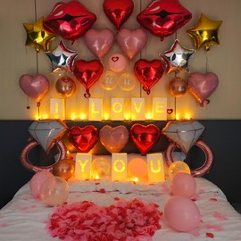 TMTECHJS I Love You Light Up Letters with Flameless Tealights, Rose Petals and Balloons Luminary Bags for Happy Anniversary Decorations Proposal Decorations Love Decoration