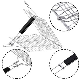 YANJINGHE Stainless Steel Grill Basket, Stainless Steel Fish Grill Basket, Stainless Steel Foldable Portable Stainless Steel Grill Basket with Removable Handle for Fish, Steak, Shrimp