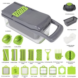 Multifunctional vegetable cutter 23 in 1 vegetable slicer, cucumber slicer, potatoes, tomatoes, zucchini, garlic, eggs, vegetable cutter with container and lid, salad cutter, dicing machine, shredder