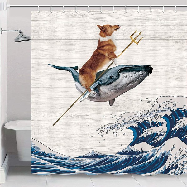 JAWO Funny Corgi Dog Shower Curtain, The Corgi Rides a Whale On Huge Waves Rustic Wooden Board Background, Ocean Wave Fabric Shower Curtain Set with Hooks 69W X 70L Inches