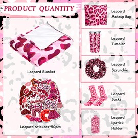 Bokon Leopard Print Stuff for Girls Leopard Themed Set Include 51" x 60" Plush Blankets 20 oz Leopard Tumbler Socks Cosmetic Bag Lipstick Holder Scrunchies Leopard Sticker for Leopard Lover (Pink)