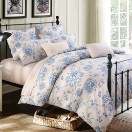 ABREEZE Vintage Floral Duvet Cover Set - 100% Egyptian Cotton Flower Bedding - Blue Bedding Set 1 Duvet Cover with 2 Pillowcases - Soft, Breathable with Button Closure (Queen)