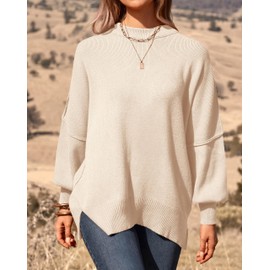 PRETTYGARDEN Women's Oversized Sweater 2025 Casual Fall Outfits Crewneck Long Sleeve Side Slit Chunky Knit Pullover Tops(Beige,X-Large)