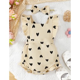 Fullfamous Infant Baby Girl Clothes Outfits Romper Spring Summer Clothing Onesie Bodysuit Jumpsuit ropa de bebe niña Ecru with Heart 12-18 Months