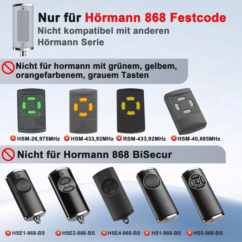 868,3 Garagentoröffner Handsender für Hörmann HSM4-868, 4 Taste Festcode handsender