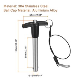 TA-VIGOR T Handle Lock Pins, 12mm Dia 80mm Length Stainless Steel Push-Button Quick Release Ball Locking Pin with Lanyard Cable for Speaker Aviation Gym Machine