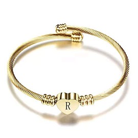 KunBead Jewelry Women Girls Initial Letter R Cuff Bracelet Gold Alphabet Love Heart Bangle Bracelets Gift for Birthday Stainless Steel