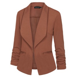 Unifizz Womens Casual Work Ruched 3/4 Sleeve Open Front Blazers Shawl Collar Lightweight Jackets with Plus Size #Camel,Size XL#