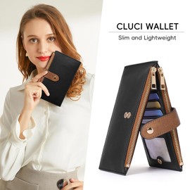 CLUCI Women's Wallet Leather Bifold Multi Credit Card Holder Zipper Pocket Ladies Slim Phone Purses Black with Brown