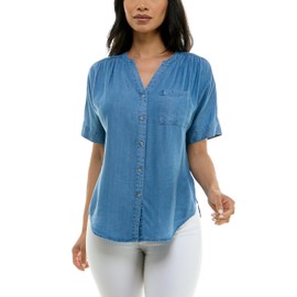 Zac & Rachel Women's Button Up Tencel Top with Short Sleeve and Front Tie Fashion Detail, Medium Wash