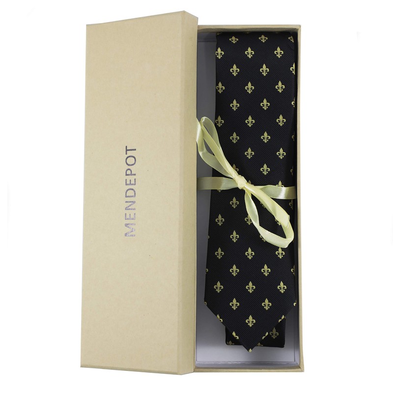 MENDEPOT Gold Fleur De Lis Pattern Black Necktie With Box
