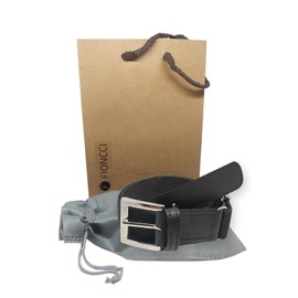 FIONCCI Men's Elastic Belt with Genuine Leather - Adjustable Size, Black/White, One size
