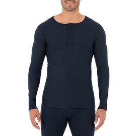 Fruit of the Loom Men's Recycled Waffle Thermal Underwear Henley Top (1 and 2 Packs), Navy, Small