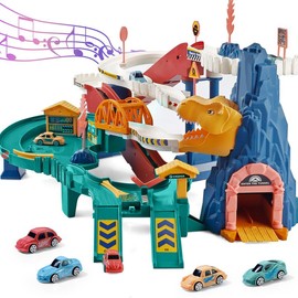 Full Size Dinosaur Hill Car Ramp Track - Large Race Track Preschool Construction Play Set, Features 4 Mini Racers and Vibrant Tracks, Perfect for Kids Car Ages 3+