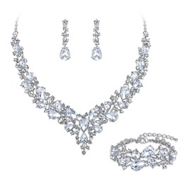 BriLove Women's Bridal Jewellery Set for Wedding Austrian Crystal Teardrop Cluster Statement Necklace Dangle Earrings Link Bracelet Clear Rhodium-Tone