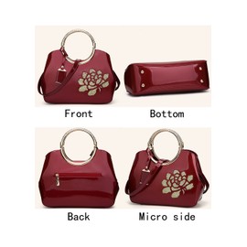 SMALLBLUER Top-handle Handbags Purse for Women Embroidered Flower Pattern Patent PU Tote Shoulder Bag Satchel-Red