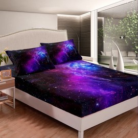 Loussiesd Galaxy Bedding Set Outer Space Bed Sheet Set Glitter Fitted Sheet for Kids Adult Modern Comfortable Modern Single Size