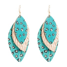 Boho Layered Leather Leaf Earrings for Women Girls Vintage Leopard Print Long Big Summer Statement Drop Dangle Hook Stud Lightweight Vintage Bohemian Beachy Jewelry (Blue)