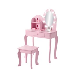 Garvee Kids Vanity Set with Touch Lighted Mirror, Pretend Play Girls Vanity Table and Chair Set with Mirror, Stool, and Wood Makeup Playset, Pink