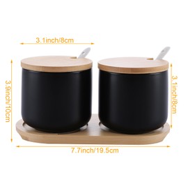 SHUESS Set of 2 Ceramic Storage Jars, Black, Salt Barrel Ceramic Spice Jars, Salt Pot, Ceramic Sugar Bowl, Spice Jars with Spoon and Bamboo Lid for Tea, Sugar, Salt Spices, 260 ml