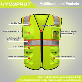 HYCOPROT High Visibility Reflective Safety Vests with Zipper and 8 Pockets, Meets ANSI/ISEA Standards