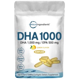 Micro Ingredients Omega 3 Fish Oil DHA Supplements 1000mg with EPA 500mg, 200 Softgels C Lemon Flavored, Burpless (Enteric Coated) | Deep Sea Fresh Fish, Wild Caught from Norwegian Waters | Mercury Free
