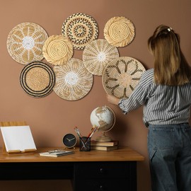 Xuhal Set of 8 Hanging Woven Wall Basket Handmade Decorative Rustic Boho Wall Basket Decor Handcrafted Wicker Round Seagrass Basket Wall Art for Home Kitchen Farmhouse Table Living Room (Groovy)