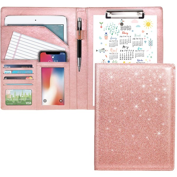 Padfolio/Resume Portfolio Folder Glitter Pink for Women,WAVEYU Cute Pink Padfolio Cover Folder, Conference/Legal Document Organizer with Letter/A4 Size Clipboard, Document Sleeve