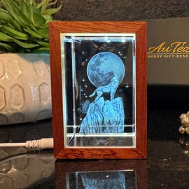 Proxima Premium Wolf Gift Home décor 3D Laser Engraved K9 Glass Crystal Figurine for Wolf Lovers, Wolf Howling on Full Moon with New Upgrade Wooden Light Frame in Giftbox Packaging (Wolf Howling)