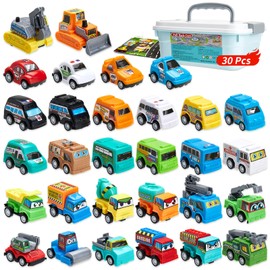30 Piece Pull Back Toys Cars Set w/Toy Storage Case and Map, Car Toys for 3 4 5 6 Year Old Kids Boys Girls, Lucky Dip Prizes/Classroom Rewards/Party Bag Fillers for Kids, Christmas Birthday Gifts