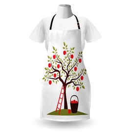 Lunarable Fruits Apron, Apple Tree, Ladder and Basket of Apples Countryside Agriculture Autumn Harvest, Unisex Kitchen Bib with Adjustable Neck for Cooking Gardening, Adult Size, Brown Green