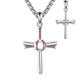 ZPMMPZ Baseball Necklace Sterling Silver Faith Over Fear Pendant Christianity Cross Jewelry Gifts for Men Women Base Ball Lovers