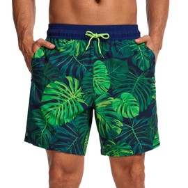 Ultrafun Mens Swim Trunks with Compression Liner 7 Inch Inseam Quick Dry Board Shorts 2 in 1 Swimming Bathing Suit (UK, Alpha, L, Regular, Regular, Standard, Navy Blue Green Leaf)