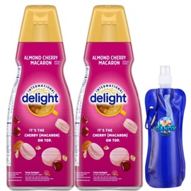 International-Delight Liquid Coffee Creamer.- Pack of Two (2) 32 fl oz Bottles of Smooth & Creamy Delightful Coffee Creamer and Candy Freezer Collapsible Bottle (Almond Cherry Macaron) - Bottle