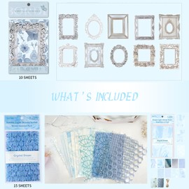 Gryast 25 pcs Textured Scrapbook supplies - Mesh Fabric junk journal Paper Decorative Mixed Set and Background Window Frames Decoration Paper for DIY Scrapbooking Planner Bullet Collage Card (Blue)