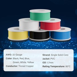 HiFind 22 AWG Solid Core Hook up Wire Spool 35 Ft Each-6 Colors Flexible 22 Gauge Electrical Tinned Copper Wire Kit, PVC Easy to Peel Led Solder Arduino Breadboard Wire for DIY, Lamp & Doorbell