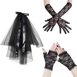 LIUQOBN 3 Pcs Black Veil，Black Lace Gloves for Costume Evening Wedding Opera Tea Party Prom
