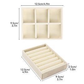 Nwvuop 2 Pack Jewellery Organiser Tray Stackable Velvet 6-Compartment Jewellery Trays Ring Trays Small Jewelry Drawer Organizer 4.92× 3.74× 1 inches(Beige)