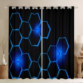 Kids Honeycomb Curtains Modern Hexagon Darkening Dreapes Children Decor Geometrical 30%-50% Blackout Curtains Beehive Geometric Black Blue Window Treatments (2 Panels, 42 x 63 Inch)