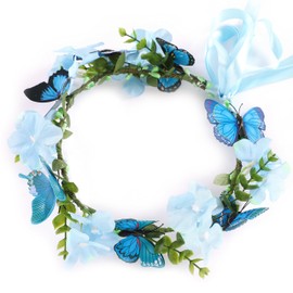 Gmmidea Butterfly Flower Crown for Women Girls Fairy Flower Headband Crown Adjustable Wedding Festival Floral Hair Wreath Blue