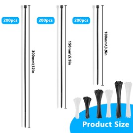 600 pcs black/white nylon cable ties set, 3 sizes, 100 pcs each size black/white, nylon cable ties adjustable, UV resistant, self-locking cable ties, suitable for workshop garden life cable management