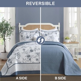 Oversized King Bedspreads 128x120 Extra Wide - Botanical Floral Farmhouse Reversible California King Quilt Sets Oversized, 3-Piece Lightweight Thin Comforter Coverlet, Cal King, Grayish-Blue/White