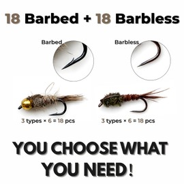BRAIRIA Barbless Trout Flies – 36PCS (18 Barbless + 18 Barbed), 6 Patterns: Adams, Elk Hair Caddis, Parachute, Zebra Midge, Hare’s Ear, Pheasant Tail, Sizes #14 & #18 for Trout