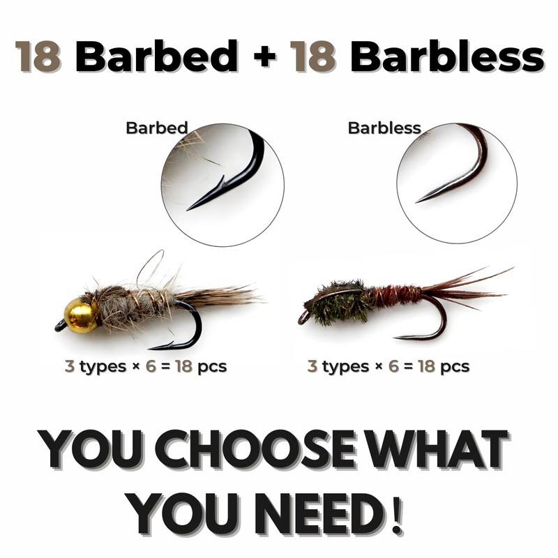 BRAIRIA Barbless Trout Flies – 36PCS (18 Barbless + 18
