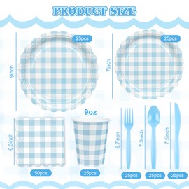 Houuqe 200 Pcs Gingham Party Supplies Blue Gingham Paper Plates and Napkins Set Disposable blue and White plaid Scalloped Paper Plates Checkered Dinner Party Set Cutlery for Baby Shower Wedding BBQ