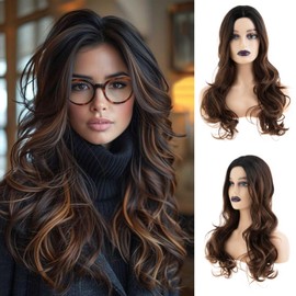 Beweig Long Curly Wavy Brown Wig for Women Middle Part Highlight Ombre Dark Brown Layered Wig for for Daily Party Use