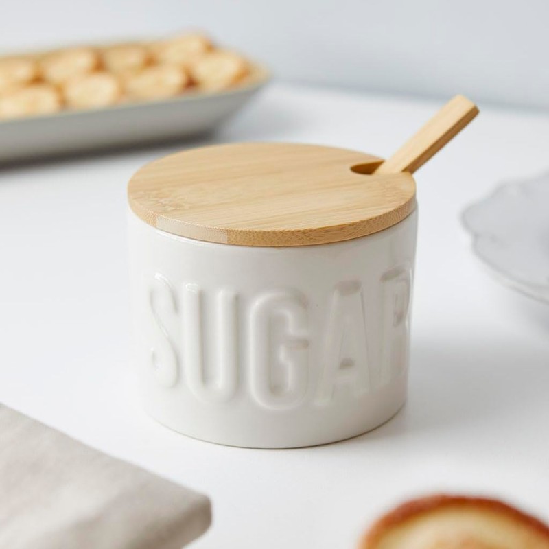 balvi Sugar Bowl Colour White Elegant Ceramic / Bamboo Sugar