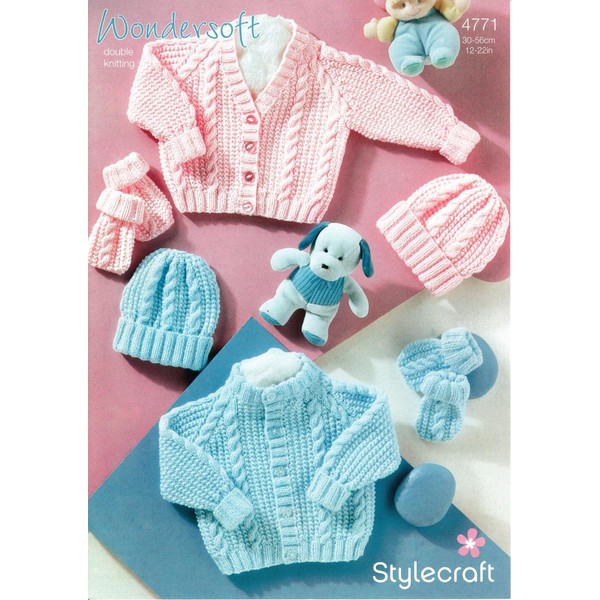 Stylecraft Wondersoft DK Cardigan, Hat & Mittens Knitting Pattern 4771
