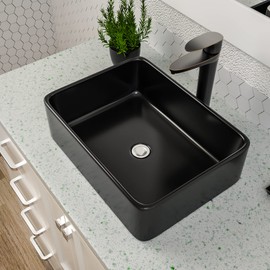 Black Vessel Sink Rectangle, Dcolora 19"x15" Matte Black Bathroom Vessel Sink Rectangular Above Counter Ceramic Porcelain Lavatory Vanity Sink Bowl Basin